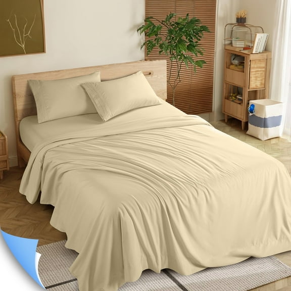 Shilucheng 4 Pieces Luxury Bed Sheets Set, 1800 Series Plush Microfiber Bed Sheets, 16" Deep Pocket, King, Beige