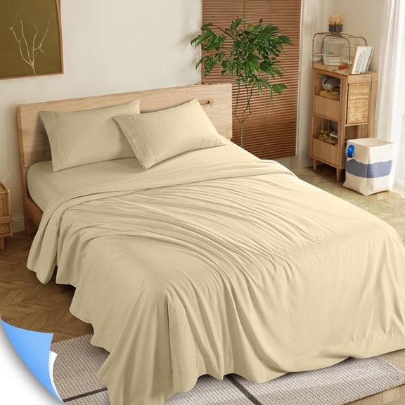 Shilucheng 4 Pieces Luxury Bed Sheets Set, 1800 Series Plush Microfiber Bed Sheets, 16" Deep Pocket, Queen, Beige