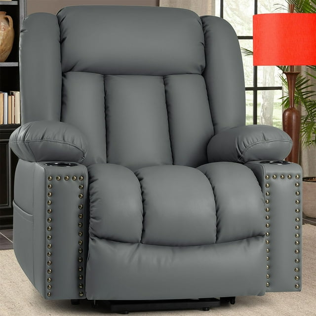 Shilucheng 41" Width Large Power Lift Recliner Chair with Massage and Heating Chair for Elderly, Breathable Leather Lift Chair for Living Room, 2 Side Pockets, 2 Cup Holders, USB Ports, Gray