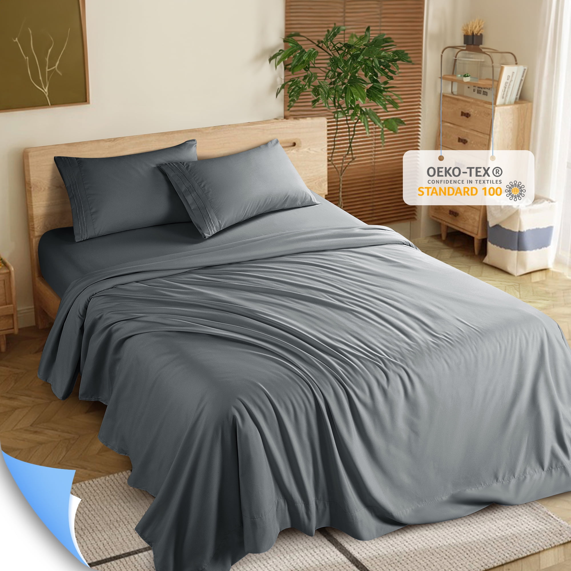 Shilucheng 4 Pieces Luxury Bed Sheets Set 1800 Series Microfiber Bed Sheets 16 Deep Pocket Queen Dark Gray