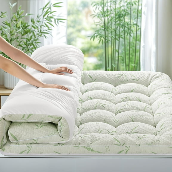 Shilucheng Cooling Bamboo Mattress Topper Queen, 900 GSM Extra Thick Pillow Top Mattress Pad, Down Alternative Mattress Cover, 8-21" Deep Pocket, White