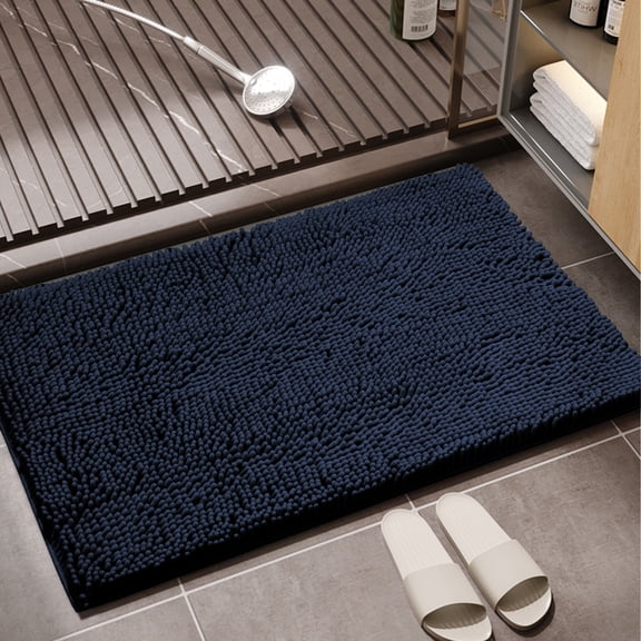 Shilucheng Luxury Chenille Bath Rug, Non-Slip Soft Absorbent Bath Mats (Navy Blue,17"x24")