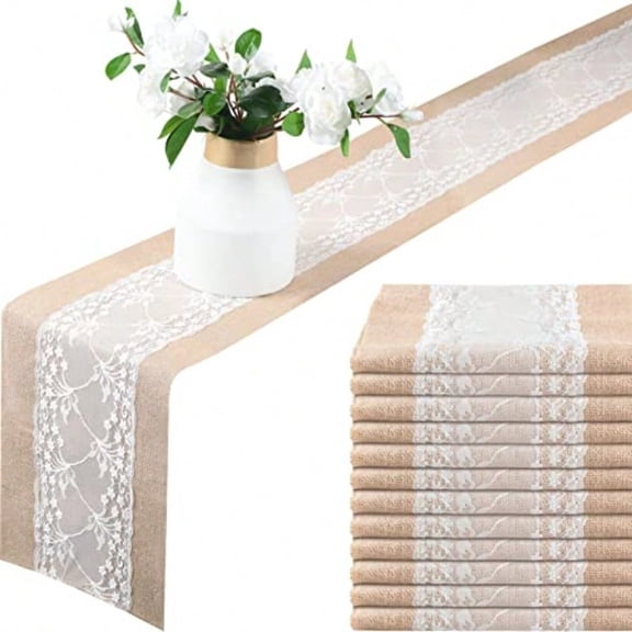 Shimeyao 12 Pcs Burlap Table Runner 11.8 x 70.9 Inch White Lace Table Cover Rustic Country Wedding Decor Jute Linen Vintage Table Cloth for Party Farmhouse Home Engagement Holiday Birthday Party