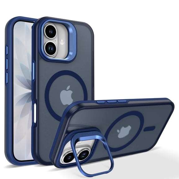 Shimist for iPhone 17 6.3" with Built-in Camera Stash Stand Compatible with MagSafe Slim Fit & Lightweight Hard Back Cover Clear Case Matte,Blue