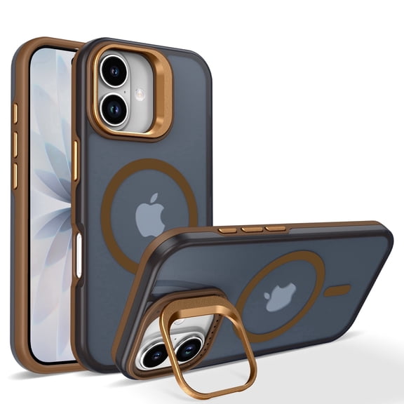 Shimist for iPhone 17 6.3" with Built-in Camera Stash Stand Compatible with MagSafe Slim Fit & Lightweight Hard Back Cover Clear Case Matte,Brown