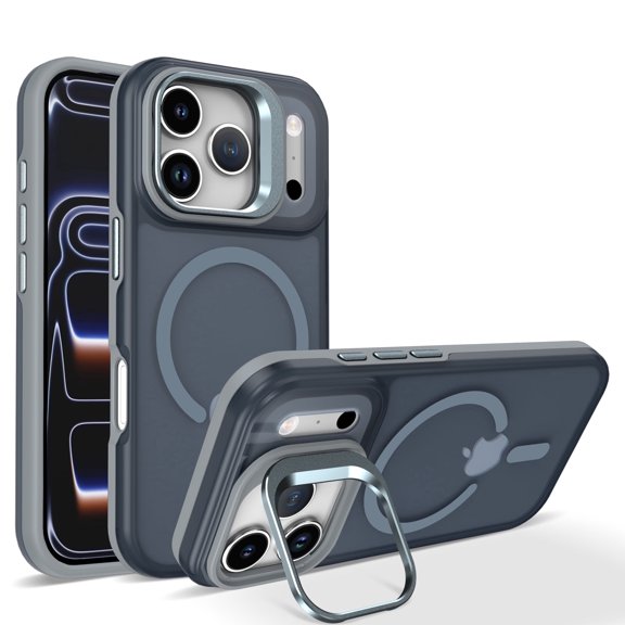 Shimist for iPhone 17 Pro 6.3" with Built-in Camera Stash Stand Compatible with MagSafe Slim Fit & Lightweight Hard Back Cover Clear Case Matte,Gray