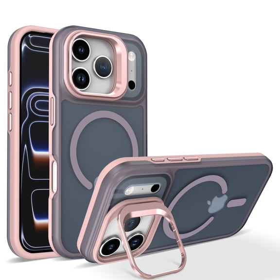 Shimist for iPhone 17 Pro 6.3" with Built-in Camera Stash Stand Compatible with MagSafe Slim Fit & Lightweight Hard Back Cover Clear Case Matte,Pink