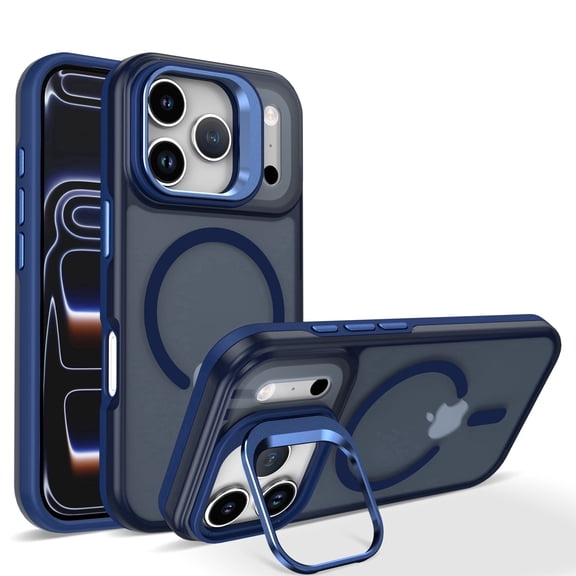 Shimist for iPhone 17Pro 6.3" with Built-in Camera Stash Stand Compatible with MagSafe Slim Fit & Lightweight Hard Back Cover Clear Case Matte,Blue