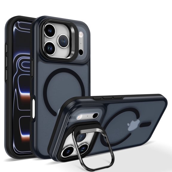 Shimist for iPhone 17 Pro 6.3" with Built-in Camera Stash Stand Compatible with MagSafe Slim Fit & Lightweight Hard Back Cover Clear Case Matte,Black