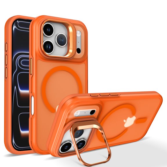 Shimist for iPhone 17 Pro 6.3" with Built-in Camera Stash Stand Compatible with MagSafe Slim Fit & Lightweight Hard Back Cover Clear Case Matte,Orange