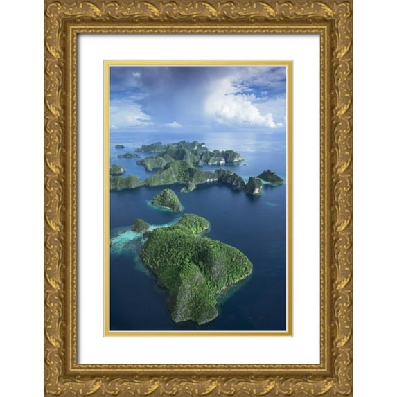 Shimlock, Jones 13x18 Gold Ornate Wood Framed with Double Matting Museum Art Print Titled - Indonesia, West Papua Aerial of Raja Ampat