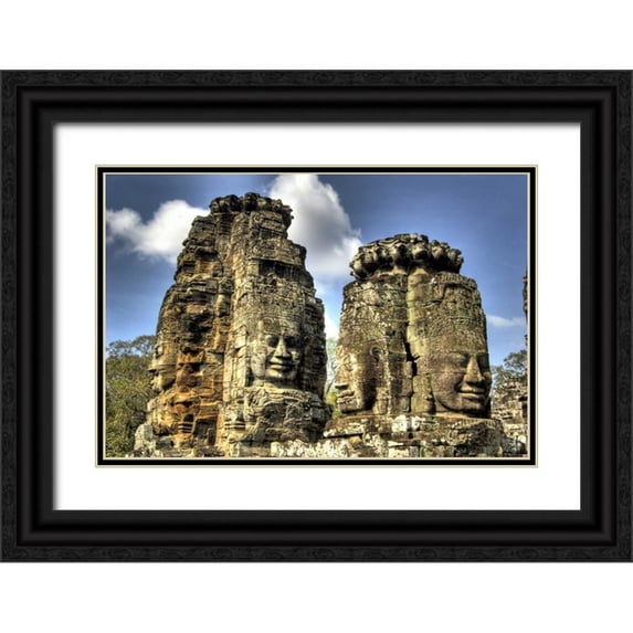 Shimlock, Jones 24x17 Black Ornate Wood Framed with Double Matting Museum Art Print Titled - Cambodia, Angkor Wat Part of Bayon Temple