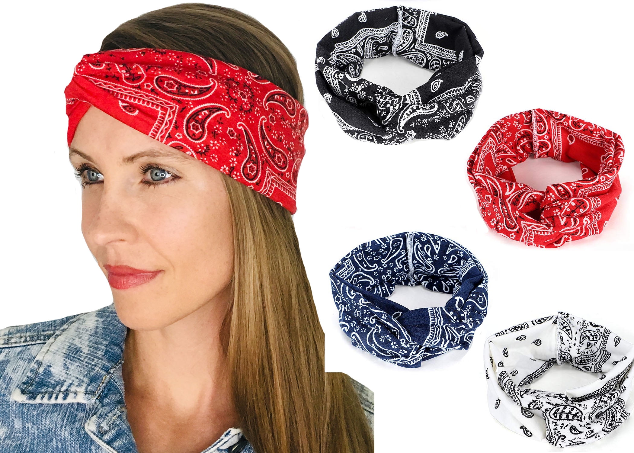 Pack Twist (Bandana Anna Shine Headbands Boho Black, Navy, White, 4 Red) Shimmer Style Turban