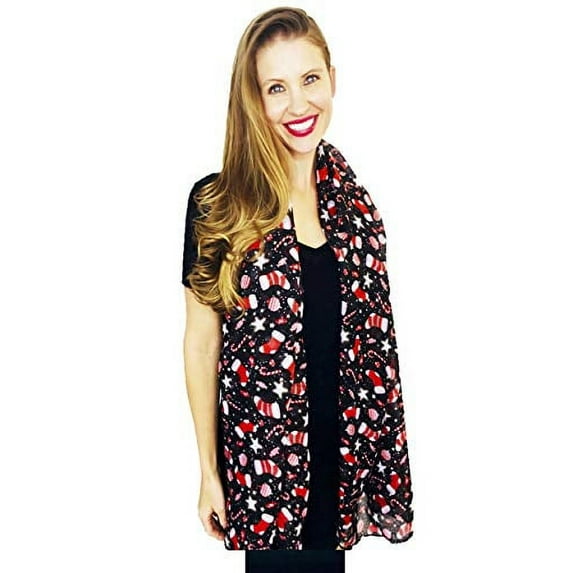 Shimmer Anna Shine Christmas Holiday Scarf for Women (Black/Red Stockings)
