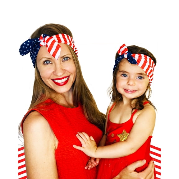 Shimmer Anna Shine Mommy and Me Matching American Flag Cotton and Spandex Self-tie Stretch Headbands (Stars and Stripes)