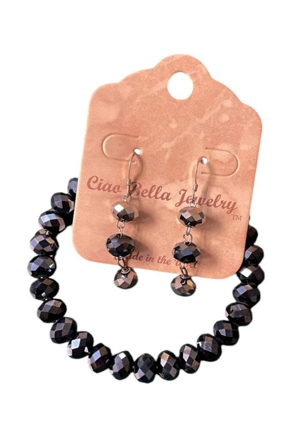 Shimmer Black Beaded Jewelry Set, Bracelet Triple Drop Earrings