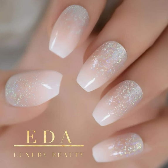 Nude Pink Glitter Ombre White French Press On Nails, Long Square Coffin Fake Nails, Shimmer Glow