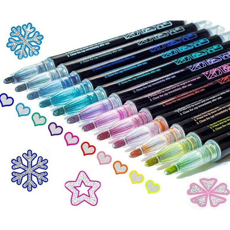 TEVILIK Glitter Marker, Doodle Dazzles Shimmer Marker Set：12 Colors Double  Line Metallic Glitter Pens Super Sparkle for Drawing, Art Supplies, Adult