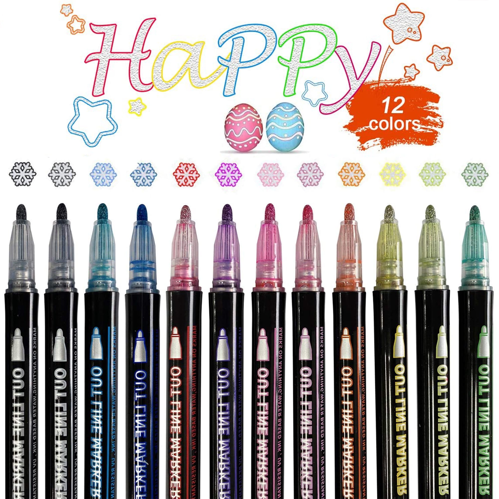 Shimmer Outline Markers, 12 Colors Double Line Metallic Pen Set Sparkle ...