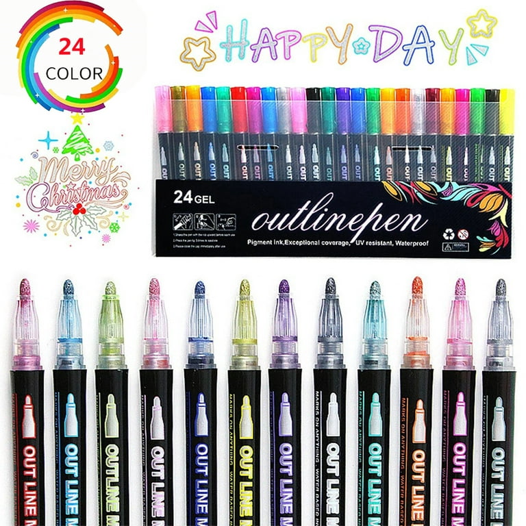 Shimmer Outline Markers, 24 Colors Double Line Metallic Pen Set Sparkle  Self-Outline Doodle Marker Cool Magic Silver Glitter Dazzle Pen Card  Dazzlers