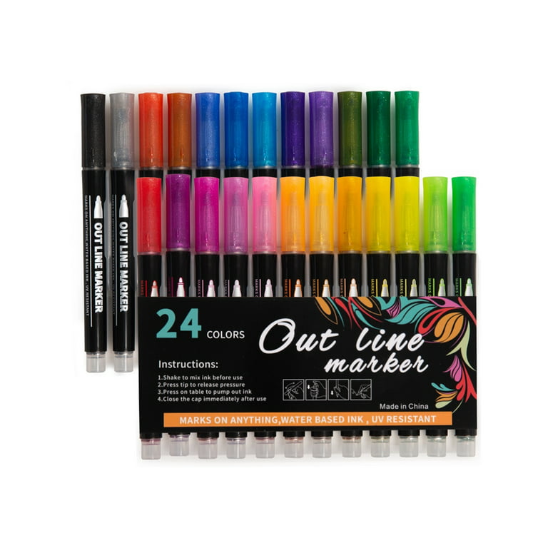 NewSoul 24 Colors Outline Markers Shimmer Double Line Marker Pen Set Magic  Glitter Metallic Drawing Pens Self-Outline DIY Sketching Pens