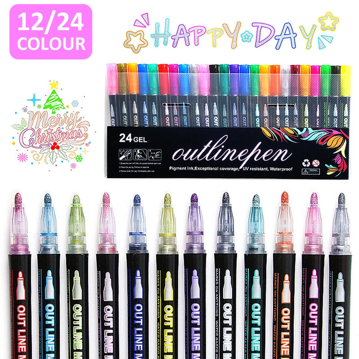  Caliart 24-Color Shimmer Markers Set, Double-Line Drawing  Doodle Outline Markers, Metallic Markers Glitter Pens, Stocking Stuffers  for Kids, Gifts for Teen Girls, Art Supplies for Girls Ages 8-12 : Arts
