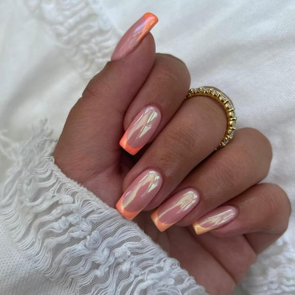 Shimmer Pink French Tip Press on Nails Long Coffin Nails Press ons, Gel French Tip Nails for Women,Natural Nude Fake Nails Full Cover Long Square Nails Acrylic Glue on Nails Long Nails Set in 12 Size