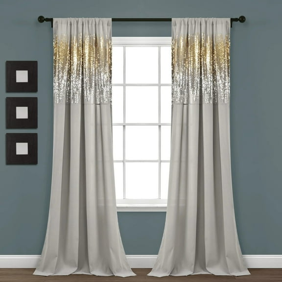 Shimmer Sequins Window Curtain Panels - Set of 2 Drapes - Gray and Gold - 42 inch X 84 inch