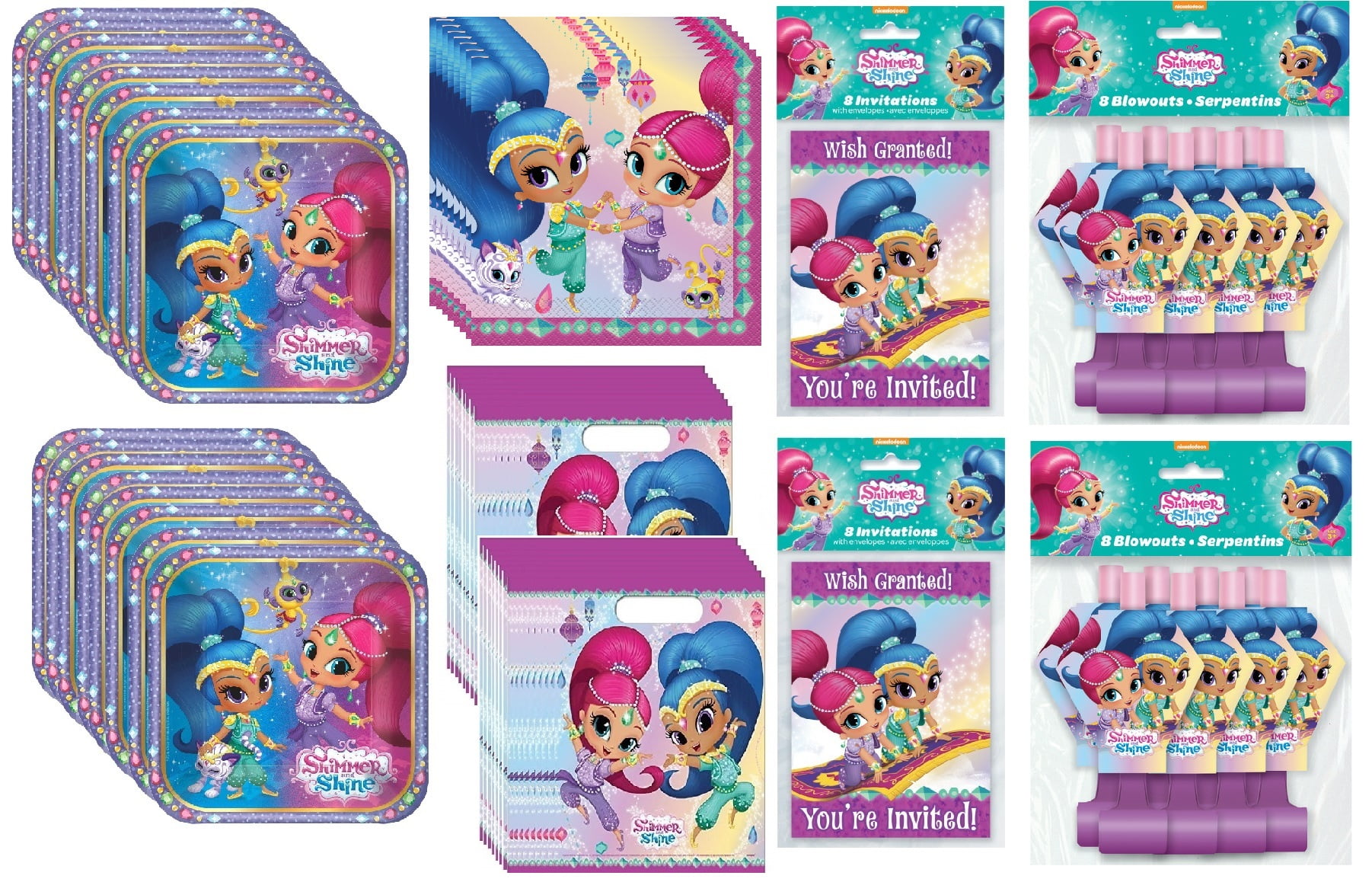 Shimmer and Shine Birthday Party Supplies Bundle Pack includes 16 Paper Plates, 6 Lunch Napkins, 16 Favor Loot Bags, 16 Party Invitations with Envelopes, 16 Party Blowouts