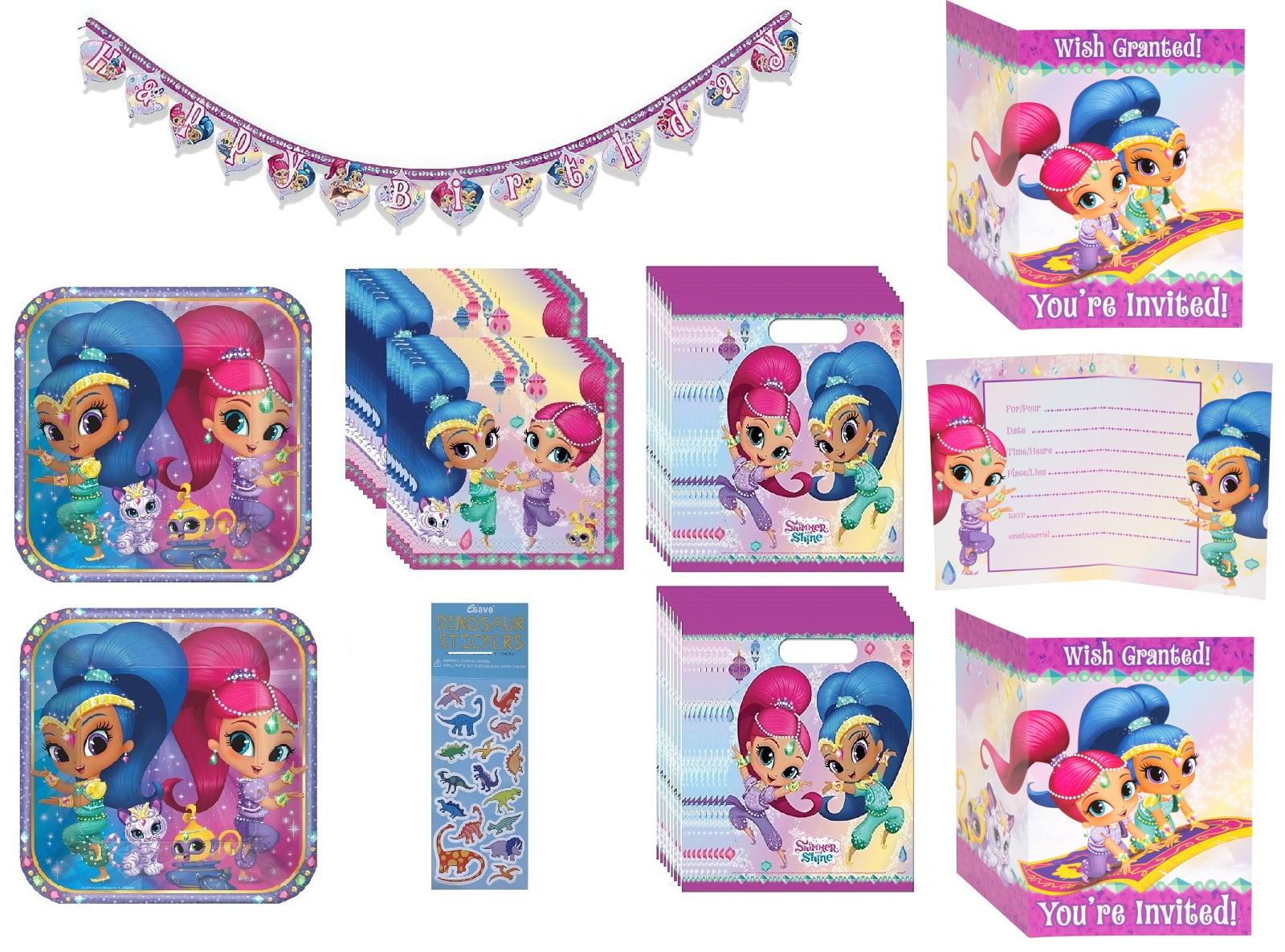 Shimmer and Shine Birthday Party Supplies Bundle includes 16 Plates 9", 16 Napkins, 1 Party Banner, 16 Loot Bags, 16 Party Invitations, 1 Dinosaur Sticker Sheet