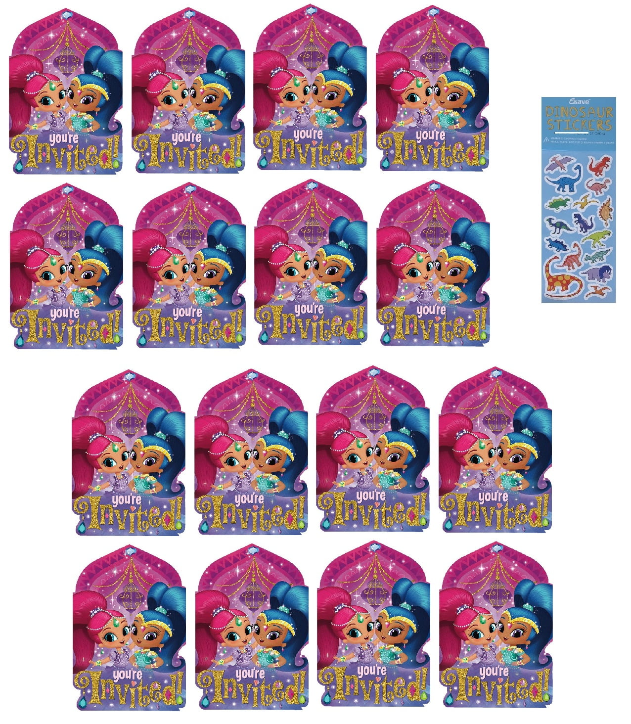 Shimmer and Shine Birthday Party Supplies Decoration Bundle Includes 16 Postcard Invitations, 16 Envelopes, 16 Seals, 16 Save the Date Stickers, 1 Dinosaur Sticker Sheet