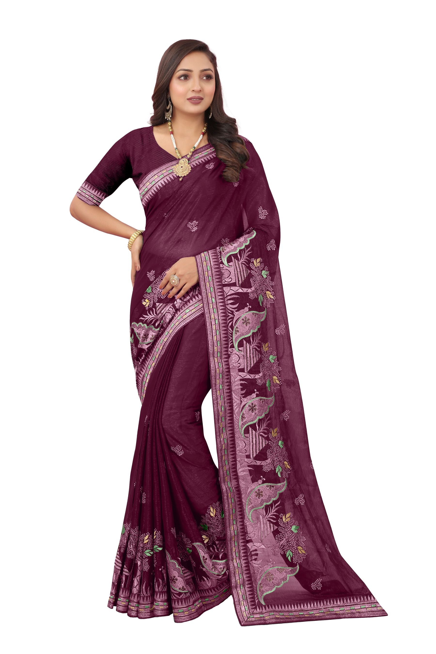 Shimmer Silk Wine Color Embroidery Work Sari Indian Rakhi Gift Saree