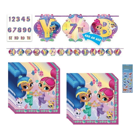 Shimmer and Shine Birthday Party Supplies Bundle Includes 1 Happy Birthday Banner, 32 Party Paper Napkins 6.5", 1 Dinosaur Sticker Sheet