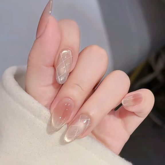 Shimmer milk tea plaid cat eye wearing nail advanced sense nude simple nail art piece light luxury style royal sister fake finger wholesale