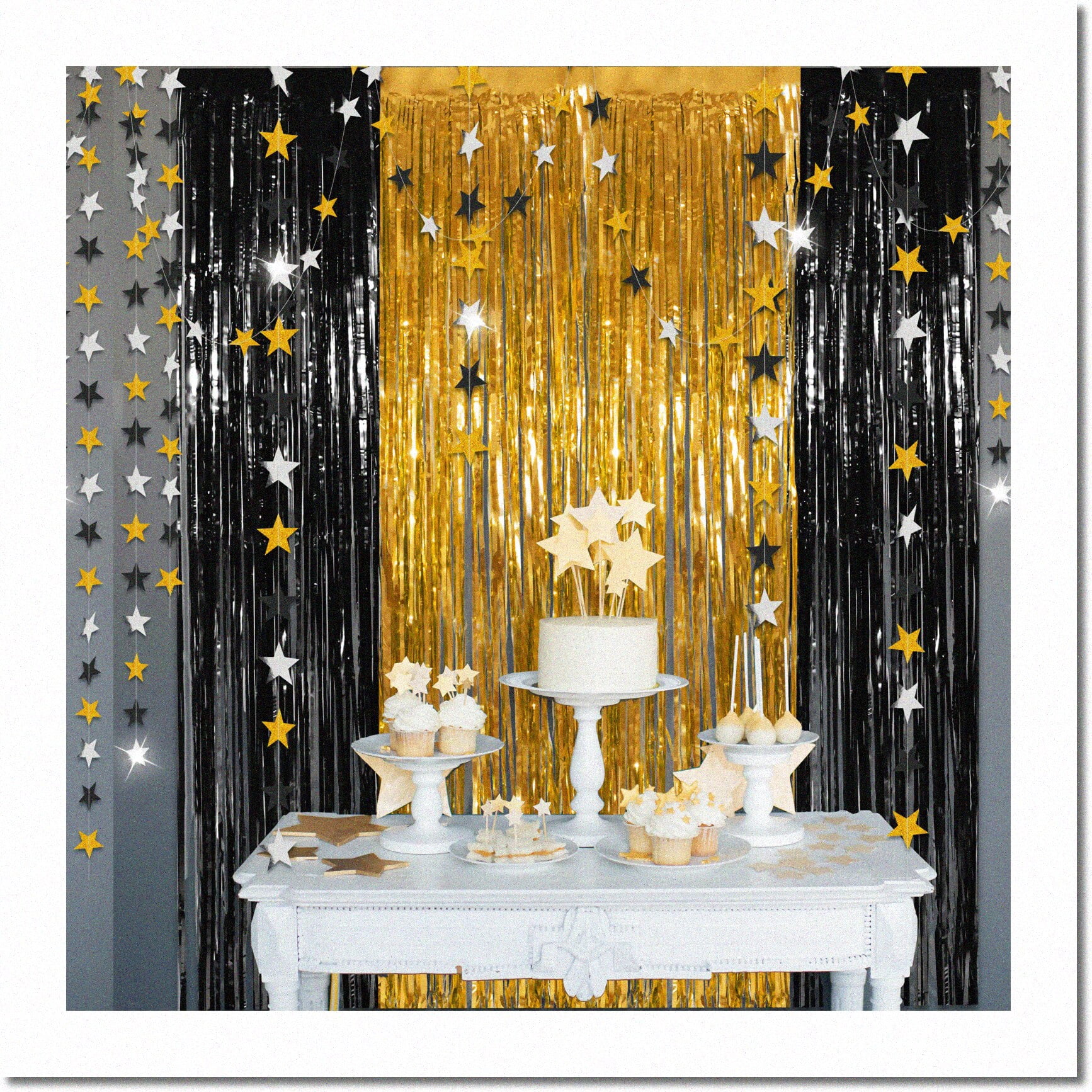 Shimmering Celebration Kit: Golden Black Silver Tinsel Fringe Curtain