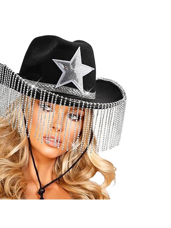 Shimmering Fringes Cowgirl Hat for Woman Breathable Cowboy Hats with Fringes Banquets Party Photography Hat