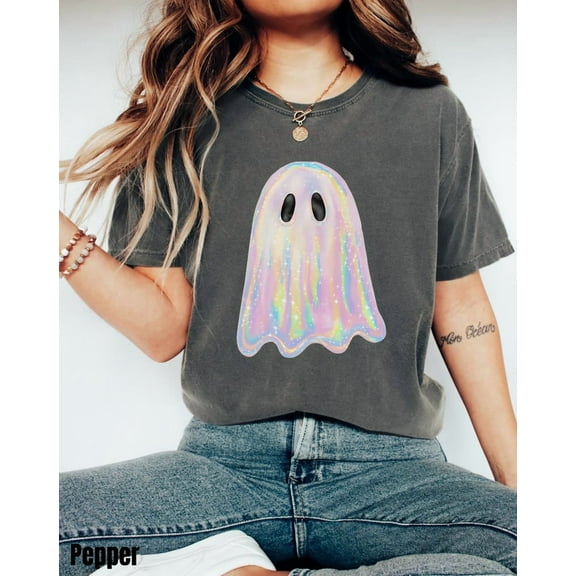 Shimmering Ghost Shirt, Iridescent Ghost Tee, Pastel Halloween T-Shirt, Glittery Spooky Season Tee