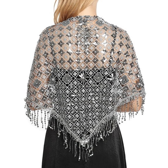 Shimmering Gold Glittering Scarf Triangular Veil Wrap With Tassels For Special Occasion Dance Performances