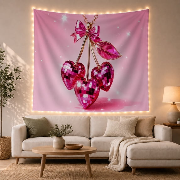 Shimmering Heart Cherries with Gold Bow Against a Pastel Pink Background, Dreamy Digital Art for Teen Girls, Glamorous Decor, Mother's Day Gift, Tapestry Wall Hanging for Bedroom and Dorm