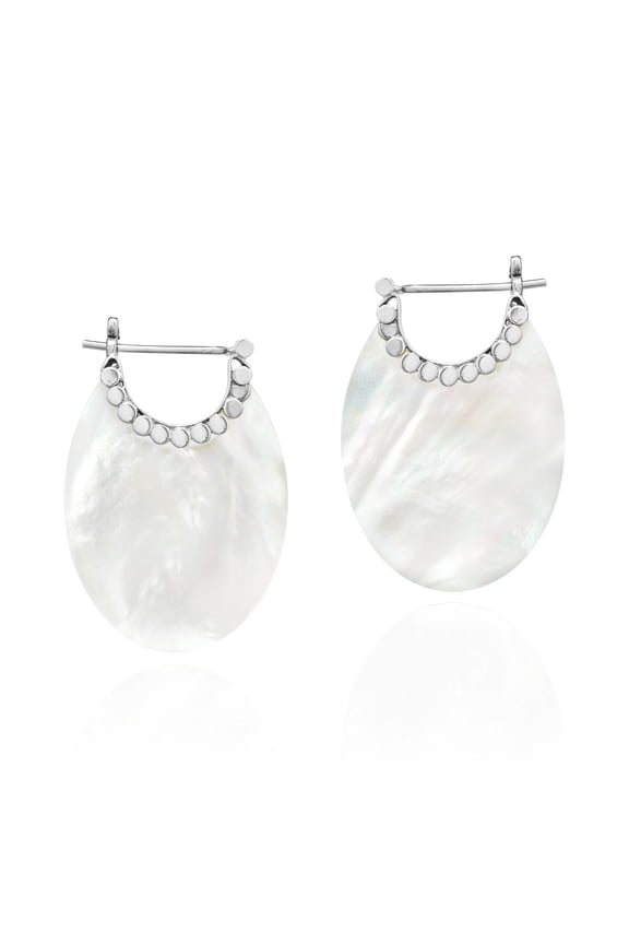 Shimmering Iridescence Oval Shaped White Shell & Sterling Silver Huggie Earrings