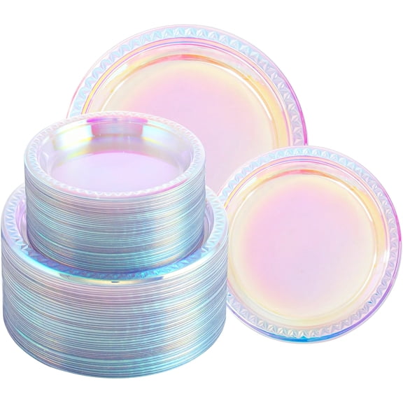 Shimmering Neon Rainbow Plastic Plates 120 Pcs Dinner and Dessert Use