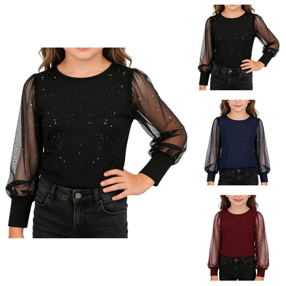 Shimmering Sequin Top, Girls Dressy Shirts Glitter Sheer Mesh Long Sleeve Crewneck Tunic Blouse for Holiday Party Clothes Size 4-14