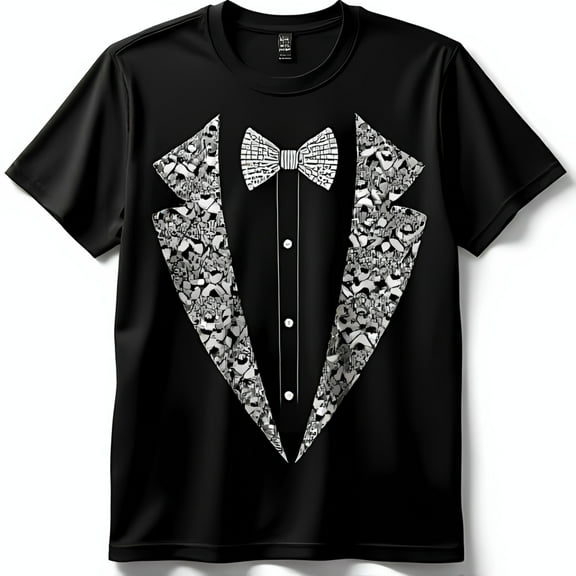Shimmering Silver Design Black T-Shirt with Bow Tie & Lapels