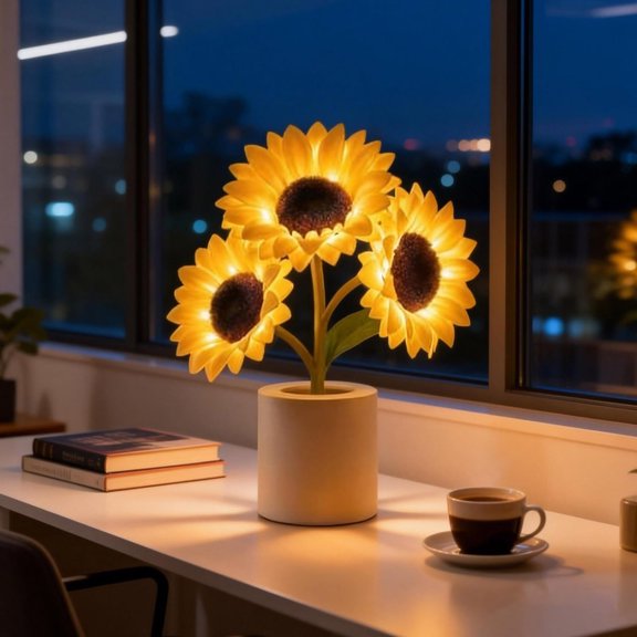 Shimmering Sunflower Lamp, 3 Color Dimmable Sunflower Night Light, USB Rechargeable 3D Artificial Flower Table Lamp for Bedroom, Mother's Day Birthday Gift (Three Sunflowers)