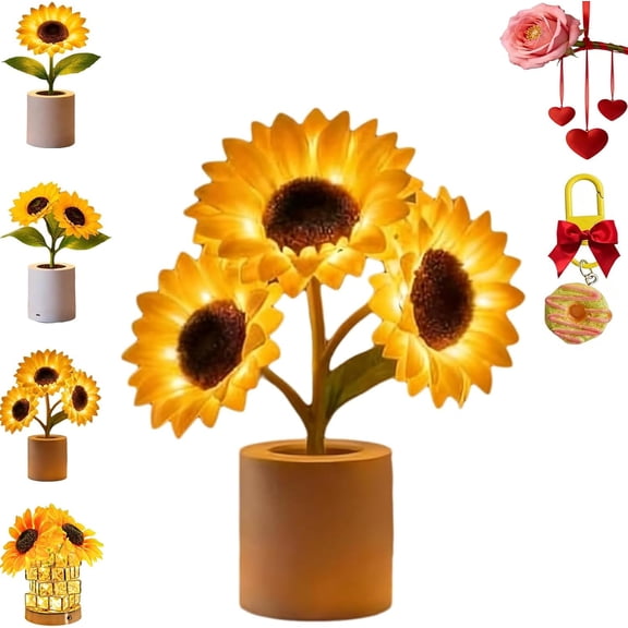 Shimmering Sunflower Lamp, Lifelike Sunflower LED Night Light, 1/2/3-Head Rechargeable Cordless Artificial Decor Light, Simulation Potted Table Lamp with Level Dimming for Bedroom (Cc)