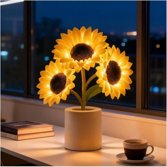 Shimmering Sunflower Lamp – Modern Table Decor with Touch Dimmer, USB Rechargeable Night Light & Ambient Mood Lighting for Living Room, Bedroom, Office Desk (8x8x5 Inches)