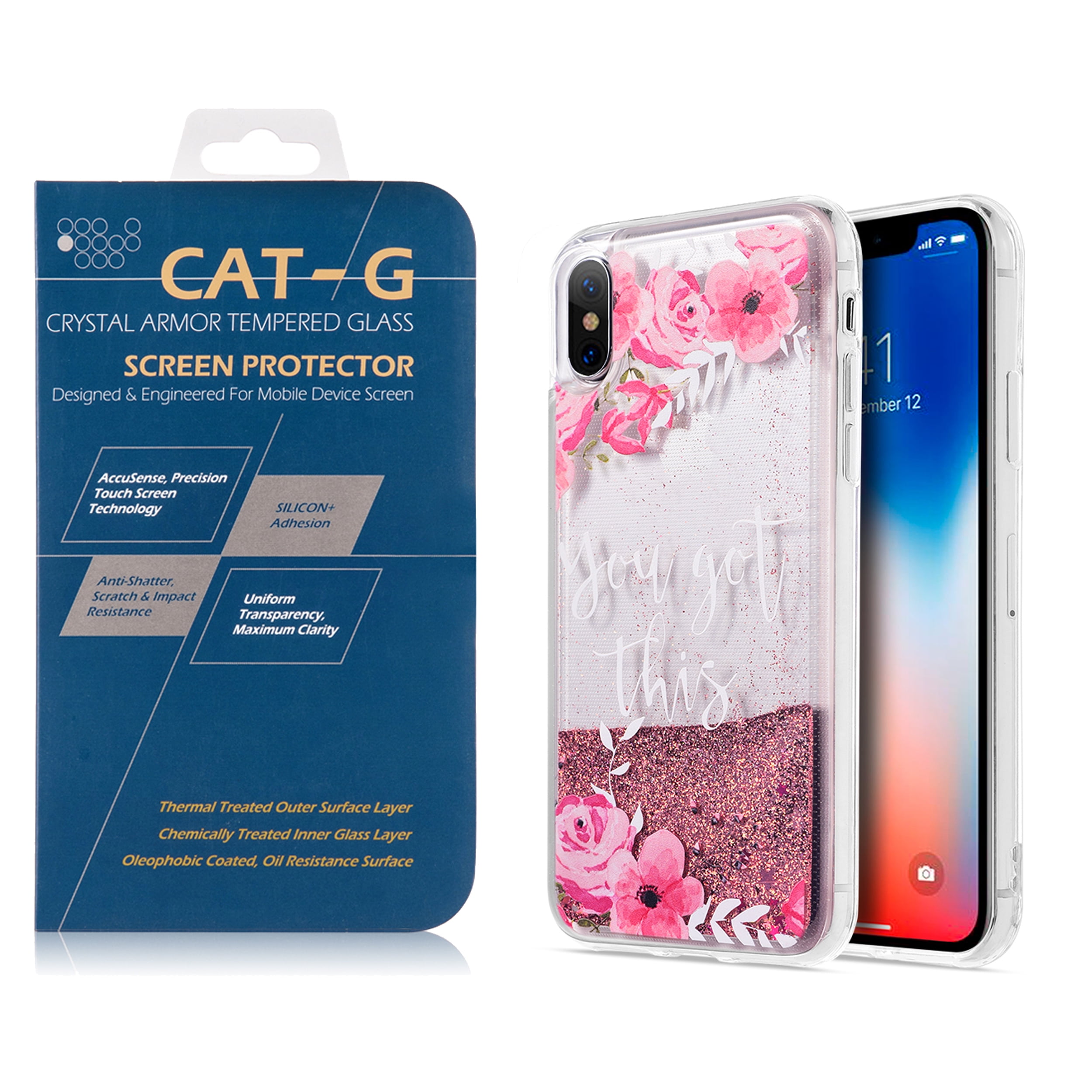 Shimmering Waterfall Protective Skin Case for Apple iPhone X with Tempered Glass Screen Protector (Exact Fit)