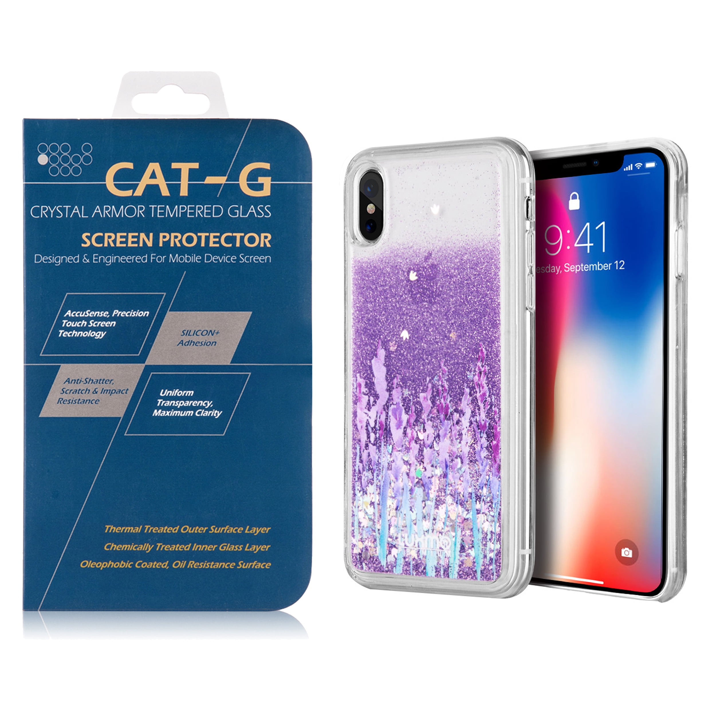 Shimmering Waterfall Protective Skin Case for Apple iPhone X with Tempered Glass Screen Protector (Exact Fit)