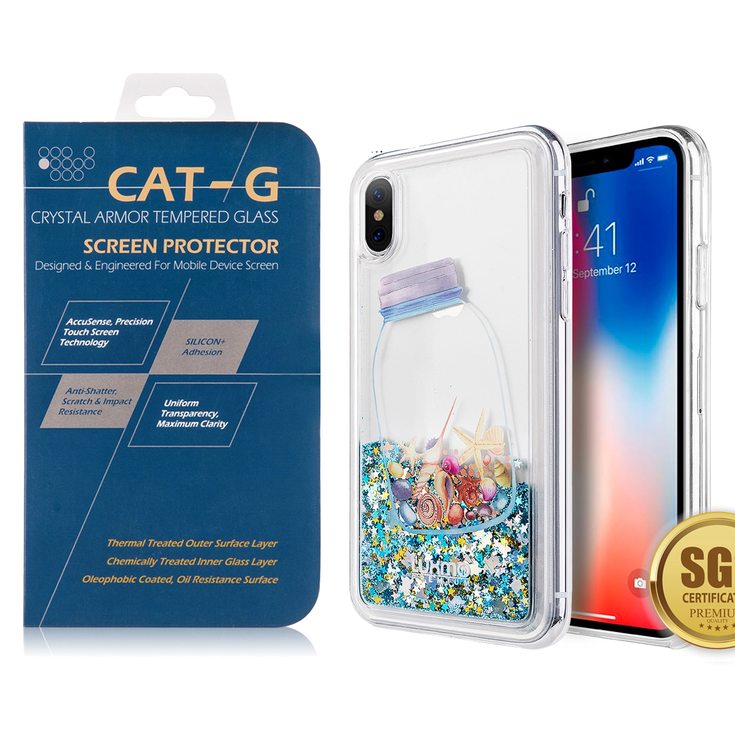 Shimmering Waterfall Protective Skin Case for Apple iPhone X with Tempered Glass Screen Protector (Exact Fit)