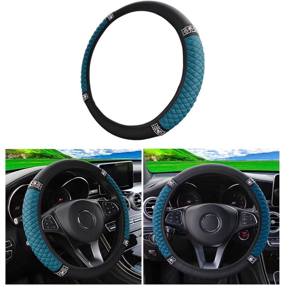 Shimmery Diamond Car Steering Wheel Cover for Women, 15 Inch Luxury Rhinestone Steering Wheel Protector, High-Quality Soft Leather with Anti-Slip Design for Most Vehicles Black Green